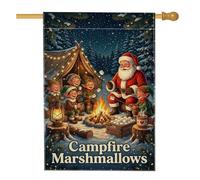 Drapeau Père Noël et Elfes Feu de camp Scène d'hiver Noël Maison Drapeau 71 | Paysage de forêt d'hiver, drapeau de pelouse, guimauves torréfiées, scène de feu de camp, atmosphère magique de vacances