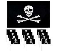 Drapeau Pirate, 1 Pc Crâne et Crossbones Drapeau 5 X 3 Pieds Avec Oeillets en Métal et 12 Pc Petit One Piece Drapeaus Pirates Stick Portable 5.5 X 8 Pouces Décoration Pirate L'anniversaire D'halloween