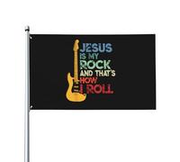 Drapeau Pirate 90X150cm, Jésus est mon rocher et c'est comme ça que je roule Christianty Guitar Résistants aux Intempéries Drapeaux Double Couture Bannière Extérieure pour Extérieur Jardin Bar