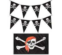Drapeau pirate décoratif - Drapeau noir avec motif Jolly Rodger + guirlande triangulaire de 4 m avec motif tête de mort et os croisés - Parfait pour les fêtes costumées
