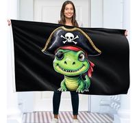 Drapeau Pirate Dinosaure - Drapeau Jolly Roger - Drapeau Amusant - Polyester 110Den - Impression double face - 2 œillets en laiton - Grand format 1,5 x 0,9 m
