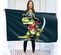 Drapeau Pirate Dinosaure - Drapeau Jolly Roger - Drapeau Amusant - Polyester 110Den - Impression double face - 2 œillets en laiton - Grand format 1,5 x 0,9 m
