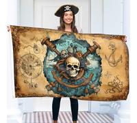 Drapeau Pirate - Drapeau Jolly Roger avec carte pirate - Impression recto verso - Polyester 110Den - Double couture - 2 œillets en laiton grand format 1,5 x 0,9 m