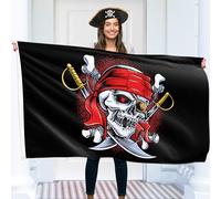 Drapeau Pirate - Drapeau Jolly Roger Tete de Mort avec Rapires Croisés - Drapeau Humoristique - Polyester 110Den - Double Couture - 2 Oeillets Laiton Grand 1,5 x 0,9 m