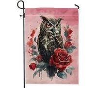 Drapeau Pirate Hibou du jour de l'amour, Roses du milieu du siècle, gothique, animal, oiseau, noir Personnalisé Bannière Extérieure Décoratifs Drapeau de Jardin pour Balcon Fête 30x45cm