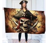 Drapeau pirate - Jolly Roger - Épées croisées avec carte pirate - Drapeau amusant - Polyester 110Den - Double couture - 2 œillets en laiton - Grand 1,5 x 0,9 m