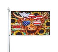 Drapeau Pirate Lunettes Highland Cow American Wear Tournesol Œillets En Laiton Dans Drapeaux Double Face Garden Flag Pour Saisonnière Four Seasons Intérieur 3X5Ft
