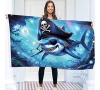 Drapeau pirate requin Jolly Roger - Drapeau humoristique - Polyester 110Den - Impression recto-verso - 2 œillets en laiton - Grand format 1,5 x 0,9 m