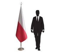Drapeau Pologne avec pied et mât en acier inoxydable - emblème protocolaire pour représentations diplomatiques et bureaux. Pied Ø 315mm, inox finition argentée, hampe pointe lance. Code CN1-PL-L