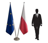 Drapeau Pologne et Union Européenne avec pied et mâts en inox - ensemble protocolaire pour ambassades, bureaux. Pied Ø 360mm, inox finition argentée, hampes pointe ronde. Code CN3-EU-PL