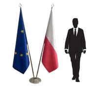 Drapeau Pologne et Union Européenne avec pied et mâts en inox - pour cérémonies protocolaires, conférences, bureaux. Pied Ø 360mm, inox finition argentée, hampes pointe lance. Code CN3-EU-PL-L