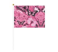 Drapeau portatif imprimé motif papillon rose sans raccord, bannières faciles à assembler avec poignées de support légères