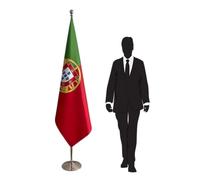 Drapeau Portugal avec mât et pied en inox - drapeau protocolaire pour ambassades, universités, écoles, bureaux. Pied Ø 315mm, inox finition argentée, hampe pointe lance. Code CN1-PT
