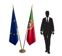Drapeau Portugal et Union Européenne avec mâts et pied en inox - ensemble pour ambassades, ministères, bureaux. Pied Ø 360mm, inox finition dorée, hampe pointe lance. Code CN8-EU-PT-L