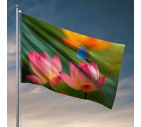 Drapeau pour caverne d'homme avec une libellule bleue perchée sur une fleur de lotus rose - Accessoires de bar - Drapeaux amusants pour chambre (60 x 90 cm)