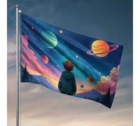 Drapeau pour chambre à coucher, enfant regardant les planètes colorées dans le ciel, drapeau pour homme, décoration de campagne (60 x 90 cm)
