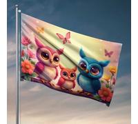 Drapeau pour chambre à coucher, hiboux colorés dans un jardin fleuri, décoration de campagne pour homme (152 x 244 cm)