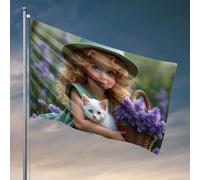 Drapeau pour chambre de fille avec cheveux blonds bouclés portant une robe verte et un chapeau tenant un drapeau d'été drapeaux décoratifs pour la maison (60 x 90 cm)