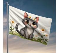 Drapeau pour chambre de fille Un chat mignon avec des marguerites autour de sa tête. Drapeau Man Cave Décorations drapeaux pour dortoir universitaire (120 x 180 cm)