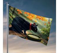 Drapeau pour chambre de fille Un chat noir avec un collier orange Boissons d'un petit étang dans un décor d'automne. Drapeau d'été Drapeaux décoratifs pour maison (120 x 180 cm)