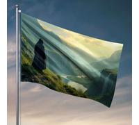 Drapeau pour chambre de fille Une figurine à capuche regarde un paysage montagneux luxuriant avec cascades. Drapeau pour décoration de grotte d'homme pour dortoir universitaire (120 x 180 cm)