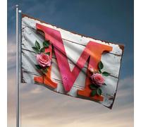 Drapeau pour chambre de fille Une grande lettre « M » avec roses roses. Drapeau d'été Drapeaux décoratifs pour la maison (60 x 90 cm)