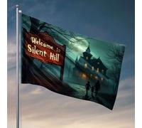 Drapeau pour chambre de filles « Welcome To Silent Hill » avec maison effrayante en arrière-plan. Drapeau pour dortoir drôle décoration d'intérieur (30 x 45 cm)