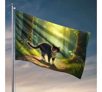 Drapeau pour dortoir amusant avec un chat rayé qui marche le long d'un chemin forestier. Drapeau pour dortoir pour gars, décorations d'automne extérieures (60 x 90 cm)