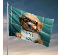 Drapeau pour dortoir amusant avec un chiot portant des lunettes tient un panneau qui lit « Ritce Waw » Drapeau pour dortoir Décorations d'automne extérieures (120 x 180 cm)
