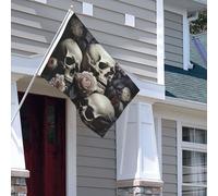Drapeau pour extérieur - 1,2 x 1,8 m - Robuste - Pour intérieur et extérieur - Pour toutes les saisons - Fleurs noires et blanches et tête de mort - Drapeau de bienvenue - Drapeau de maison double