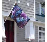 Drapeau pour extérieur - 1,2 x 1,8 m - Robuste - Pour intérieur et extérieur - Pour toutes les saisons - Rose violette avec un beau papillon dessus - Drapeau de bienvenue - Drapeau de maison double