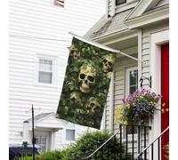 Drapeau pour extérieur de 9,6 x 1,5 m - Robuste - Pour jardin - Fond vert - Tête de mort et feuilles - Drapeau de bienvenue - Drapeau de maison double face avec œillets en laiton - Bannières pour fête