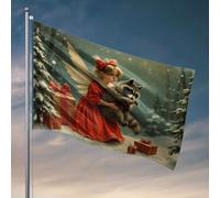 Drapeau pour garçons Une fille dans une robe rouge tenant un raton laveur avec des arbres enneigés et des cadeaux autour d'elle. Drapeau Accessoires de terrasse et décoration de porte extérieure (120