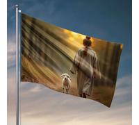 Drapeau pour garçons : une personne marche main dans la main avec un agneau sur un chemin forestier. Drapeaux de plage pour la maison (60 x 90 cm)