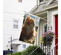 Drapeau pour l'extérieur de 9,1 x 1,5 m - Robuste - Tous temps - Drapeau de jardin - Chat assis dans un champ vert - Drapeau de bienvenue - Drapeau de maison double face avec œillets en laiton
