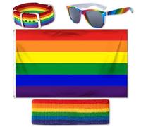 Drapeau Pride 90 x 150 cm, Bracelet Gay Pride, Bandeau Arc-en-ciel, Lunettes LGBT Accessoires Ensemble de Drapeau Progress Pride pour Défilés Fête Festivals