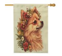 Drapeau printanier de Poméranie pour maison de chien de Poméranie 71,1 x 101,6 cm double face pour décoration extérieure, beau et esthétique, drapeau floral en lin pour maison, animal de compagnie