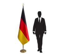 Drapeau protocolaire Allemagne avec pied et mât - pour représentations diplomatiques, universités, écoles et bureaux. Pied Ø 315mm, inox finition dorée, hampe pointe lance. Code CN6-DE-L