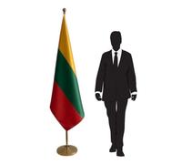 Drapeau protocolaire de la Lituanie avec pied et mât en acier inoxydable - drapeau pour conférences, cérémonies et ambassades. Pied Ø 360mm, inox finition dorée, hampe pointe ronde. Code CN7-LT
