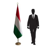 Drapeau protocolaire Hongrie avec mât et pied - destiné aux représentations diplomatiques, ambassades, ministères, universités. Pied Ø 315mm, inox finition dorée, hampe pointe lance. Code CN6-HU-L