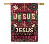Drapeau religieux de Noël avec citation religieuse de la foi 71,1 x 101,6 | Fond rouge foncé, drapeau de cour, motifs de pigeon blanc, couronne festive, message spirituel, tissu en lin durable