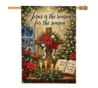 Drapeau religieux de Noël avec citation religieuse de la foi 71,1 x 101,6 | Poinsettias rouges, drapeau de cour, oiseaux cardinaux, Sainte Bible, bougies lumineuses, branches de pin