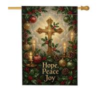 Drapeau religieux de Noël, espoir, paix, joie, croix, maison, 71,1 x 101,6 | Motif croix dorée, drapeau de pelouse, accents de houx et de pommes de pin, message religieux, décoration d'hiver extérieure