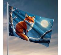 Drapeau représentant un renard assis sur une branche enneigée sous une pleine lune. Drapeau pour décoration de cour Cadeau idéal pour campeur (60 x 90 cm)