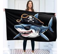 Drapeau Requin Pirate - Drapeau Jolly Roger - Drapeau Humour - Polyester 110Den - Impression recto-verso - 2 œillets en laiton - Grand format 1,5 x 0,9 m