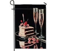 Drapeau romantique de jardin en toile de jute avec gâteau de pêche et champagne, décoration de pelouse en plein air, 30,5 x 45,7 cm