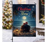 Drapeau romantique de Noël pour couple de plage 30,5 x 45,7 cm | Couple romantique, drapeau de pelouse, plage tropicale, nuit étoilée, lanterne lumineuse, palmiers, décoration côtière de