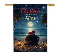 Drapeau romantique pour couple de plage 71,1 x 101,6 cm | Couple romantique, drapeau de pelouse, plage tropicale, nuit étoilée, lanterne lumineuse, palmiers, décoration côtière de
