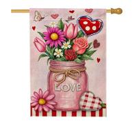Drapeau romantique pour maison en pot, fleurs fantaisistes, cœurs, Saint-Valentin, pêche, double face, en toile de jute décorative pour extérieur, cour, pelouse, patio, porte, entrée, 71,1 x 101,6 cm