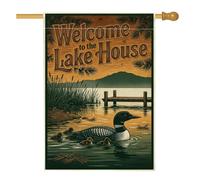 Drapeau rustique avec citation de bienvenue sur le bord du lac 71 x 101 cm | Paysage au bord du lac, drapeau de cour, illustration de la faune, décoration de cabane rustique, accents de maison au bord